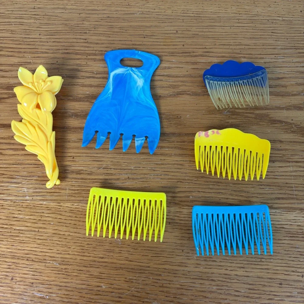 Vintage 80s 90s Hair Accessory Lot 6pc Floral Clip Blue Yellow